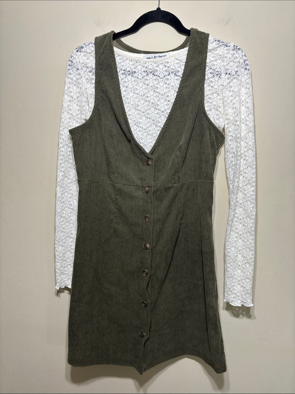 Wallflower Olive Corduroy Button-Front Mini Dress with White Lace long sleeve